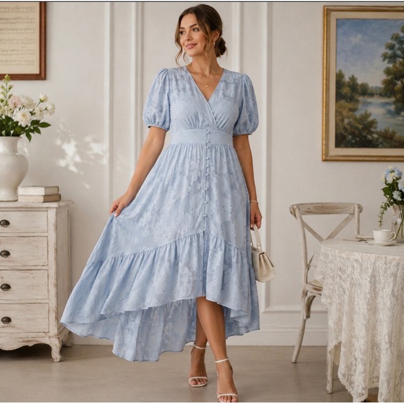 BloomChic Dresses & Skirts - Babydoll Blue Floral Jacquard High/Low Midi Dress V-Neck Chic Puff Sleeve NWT